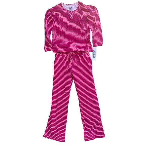 A628951 MUK LUKS 100% Cotton Long-Sleeve & Pant Lounge Set Cranberry Stripe XS